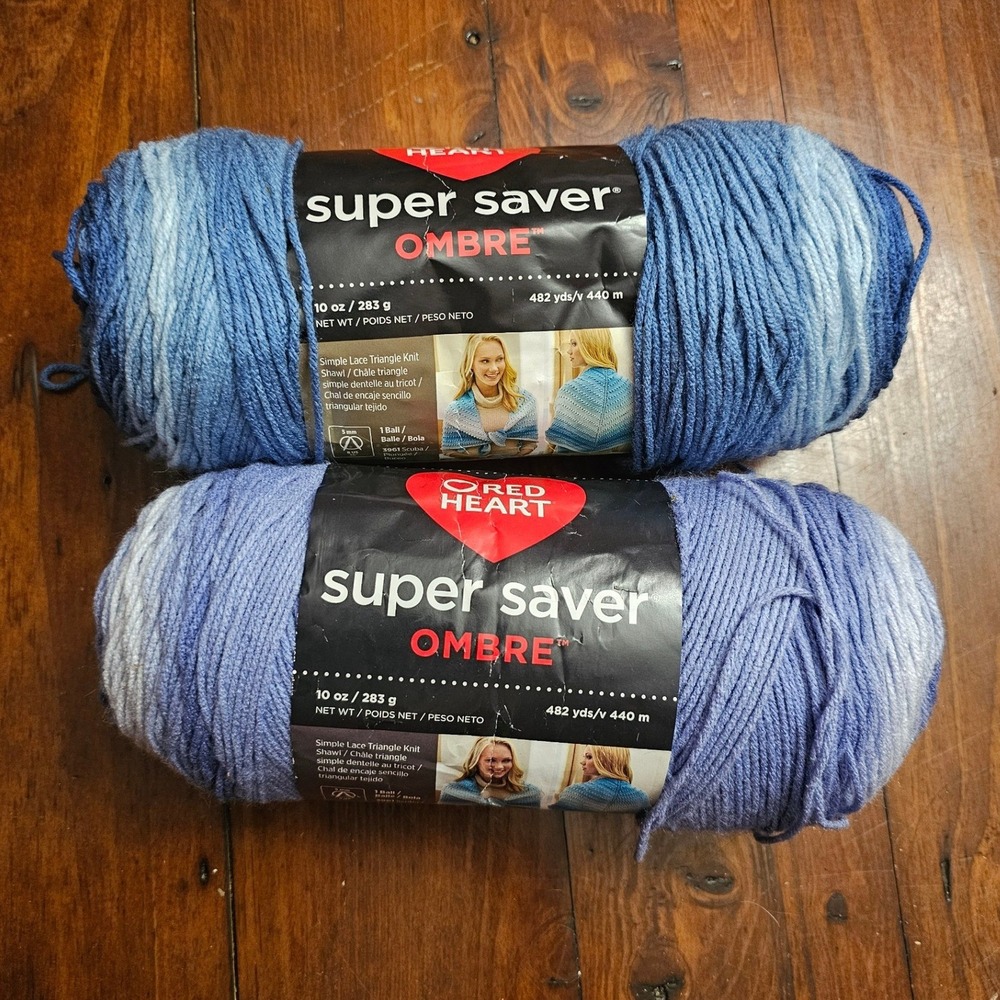 Red Heart Super Saver Ombre Yarn Lot True Blue Baja Blue 10oz Skeins 2pk Worsted